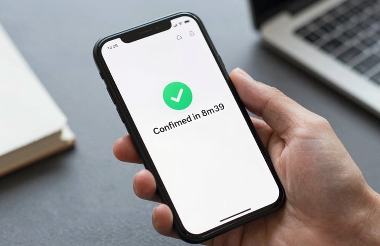Close-up of a hand using a professional logistics app on a smartphone, showing a green checkmark and 'Confirmed in 8m'. High-tech and clean aesthetic.