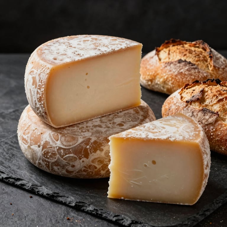 A high-quality studio shot of artisanal Brazilian cheese and freshly baked bread on a dark stone surface, highlighting texture and quality.