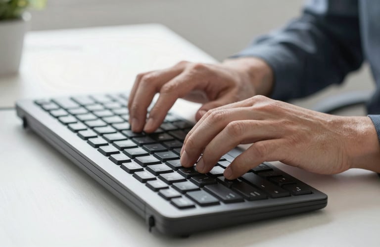Hands typing on a professional ergonomic keyboard in a clean, bright office, representing meticulous data entry and administrative efficiency.