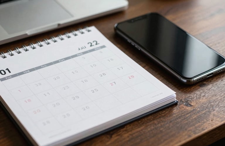 A focused shot of an organized desk calendar and a sleek smartphone in a high-end Portuguese business setting, symbolizing punctuality and reliability.