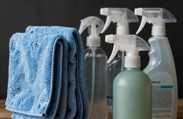 Close-up of high-quality microfiber cloths and spray bottles with natural cleaning solutions, steel blue and sage tones, professional studio lighting.
