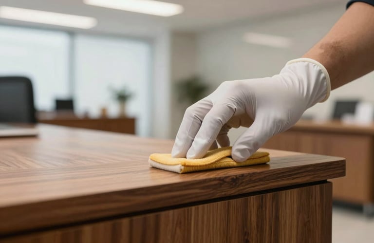 Close-up of a professional gloved hand polishing a high-end wooden furniture piece in a bright, modern Latinoamericano office setting.