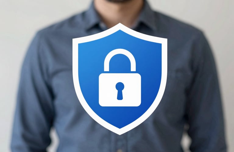 Iconography of a secure digital shield and a padlock in vibrant blue #2C5D8B, symbolizing safety in digital trading.