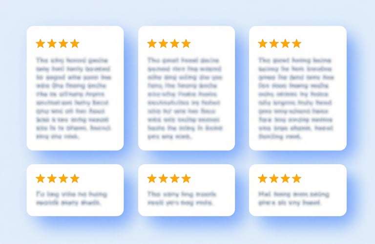 A collage of 5-star ratings and user review bubbles on a clean white-blue #F0F8FF background.