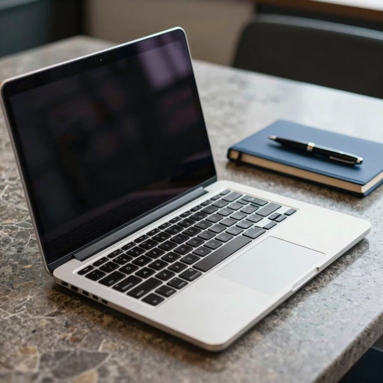 A detailed shot of a high-end laptop on a polished stone table in a North American corporate setting, with a slate blue notebook and pen beside it. Professional lighting, shallow depth of field.