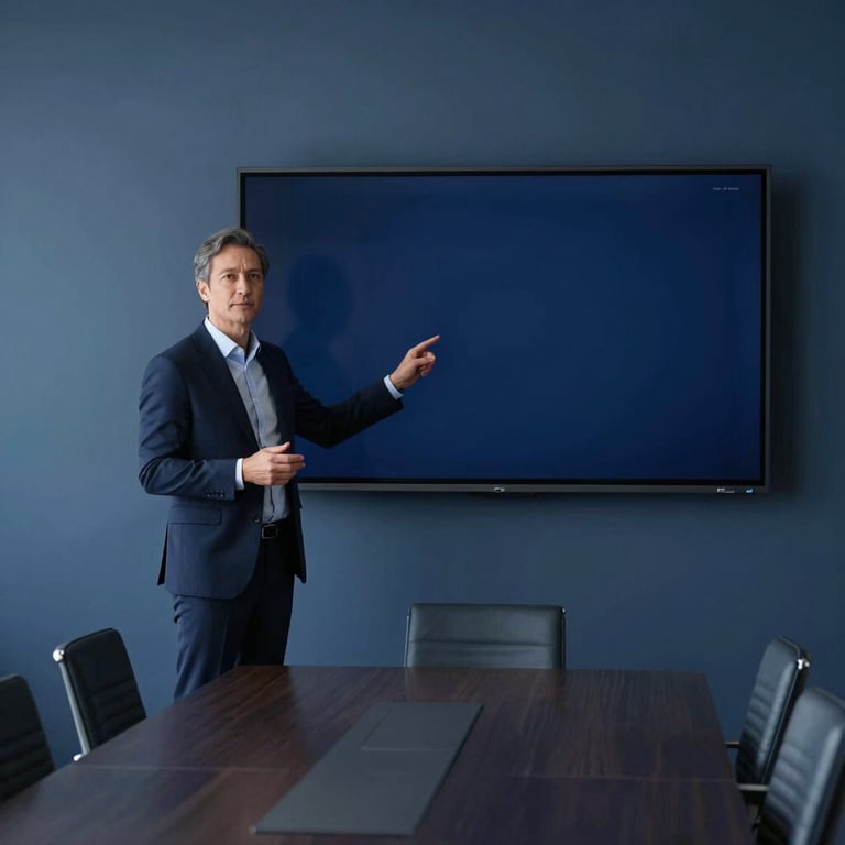A professional North American consultant presenting data on a sleek, thin screen in a minimalist boardroom. Deep navy blue and slate blue color palette, clean lines.