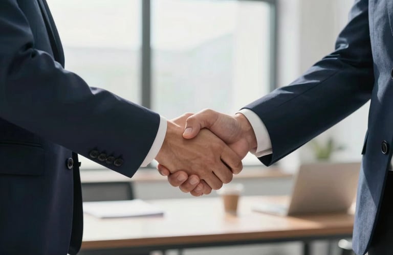 A professional handshake in a sunlit office, with the subjects wearing slate blue and dark navy suit sleeves.