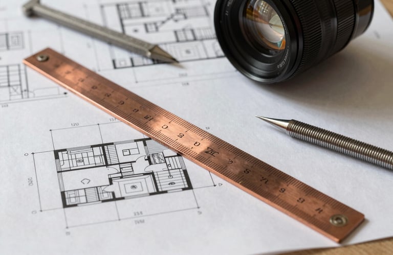 A creative shot showing architectural blueprints on a warm pearl surface, with a copper clay metal ruler and precision tools, symbolizing the fusion of design and engineering.