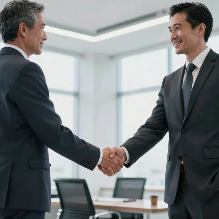 A high-quality photo of two executives shaking hands in a bright North American / Mexican office, wearing tailored suits, conveying trust and partnership.