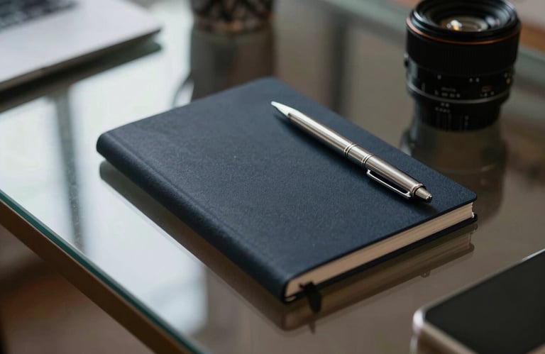 A minimalist workplace featuring a deep charcoal navy notepad and a silver pen on a glass-topped desk.