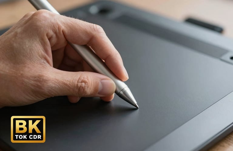 Macro photography of a designer's hand using a sleek silver stylus on a dark slate grey graphic tablet.