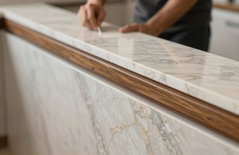 A close-up of high-quality marble and wood finishes being perfectly installed. Emphasis on craftsmanship and premium materials, with rich textures reflecting the #F7F4EB and #0A0A0A tones.