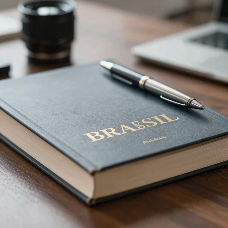 A close-up of a professional desk with a Brazilian law book and a silver pen, soft focus background, elegant muted gray and blue tones.