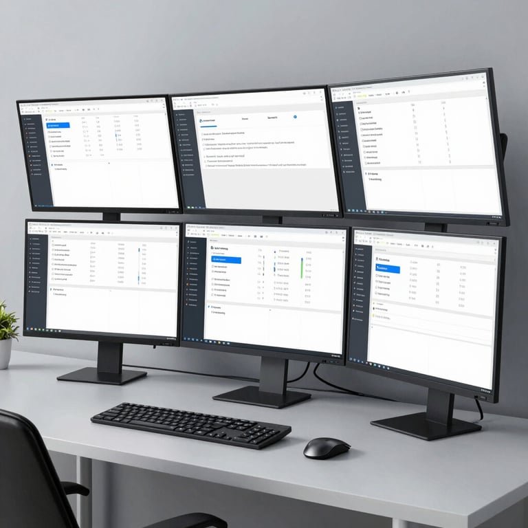 A professional workstation with multiple screens showing helpdesk dashboards, clean and organized modern European design, pale misty gray tones.