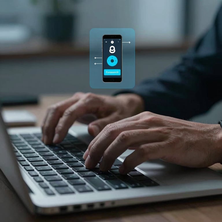Close up of hands on a keyboard with a digital overlay showing remote connection, professional European office setting, muted steel blue lighting.