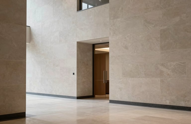 A sharp, clear photograph of a minimalist office lobby with structured stone walls, professional atmosphere in a North American firm.