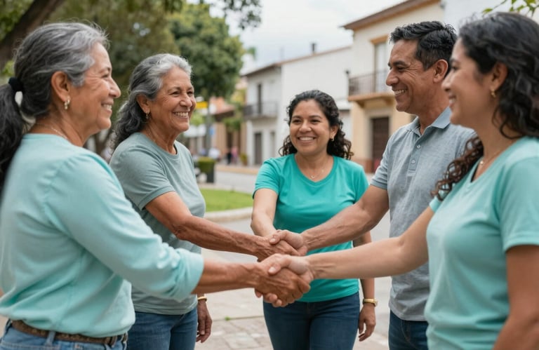 A group of happy community members shaking hands in a bright Latin American / Spanish neighborhood park, soft aqua blue and muted teal clothing tones.