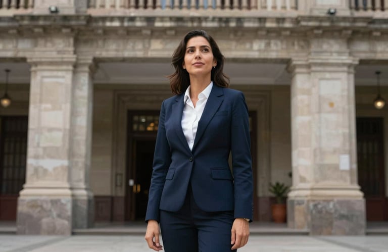 A confident female legal professional standing in a grand Latin American / Spanish public building entrance, looking hopeful, wearing dark navy blue attire, professional photography.