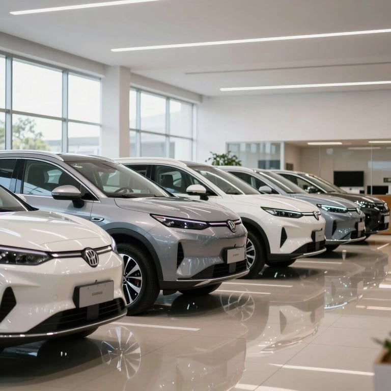 A row of modern hybrid and electric SUVs parked in a bright, high-end South American dealership showroom, reflected lights on polished floors, professional and clean aesthetic.