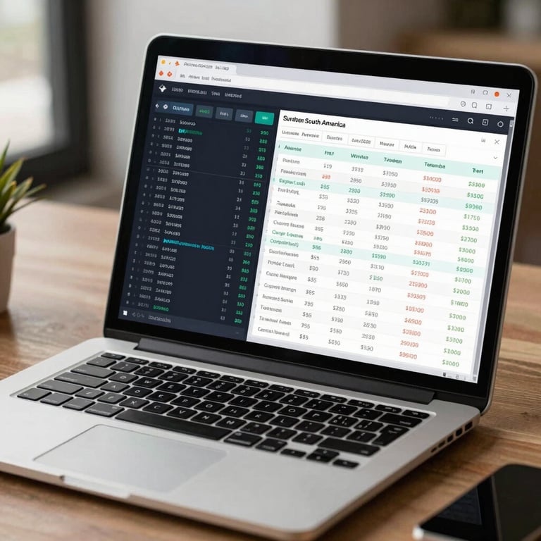A clean, high-tech digital interface on a laptop screen showing financial data and tax calculation spreadsheets, professional work environment in South America.