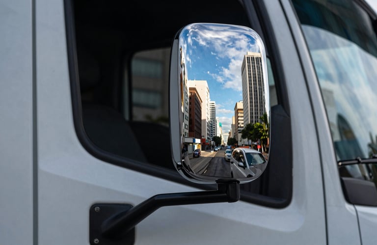Detail shot of a clean truck's chrome side mirror reflecting a modern Brazilian commercial district. The reflection is sharp and clear, showing a sky-blue horizon and urban architecture.