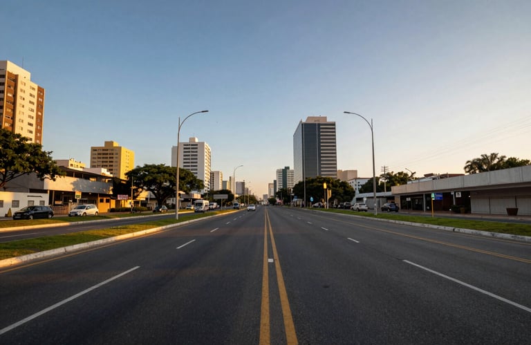 Wide angle photography of a well-paved Brazilian municipal road during the golden hour. The setting is urban and clean, showcasing efficient transit paths under a sky transition from steel blue to warm tones.