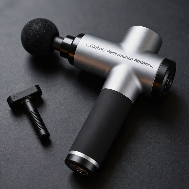 A professional-grade massage gun and recovery tools laid out on a clean, dark surface. The aesthetic is clinical and high-performance, featuring silver and black materials. Global / Performance Athletics.