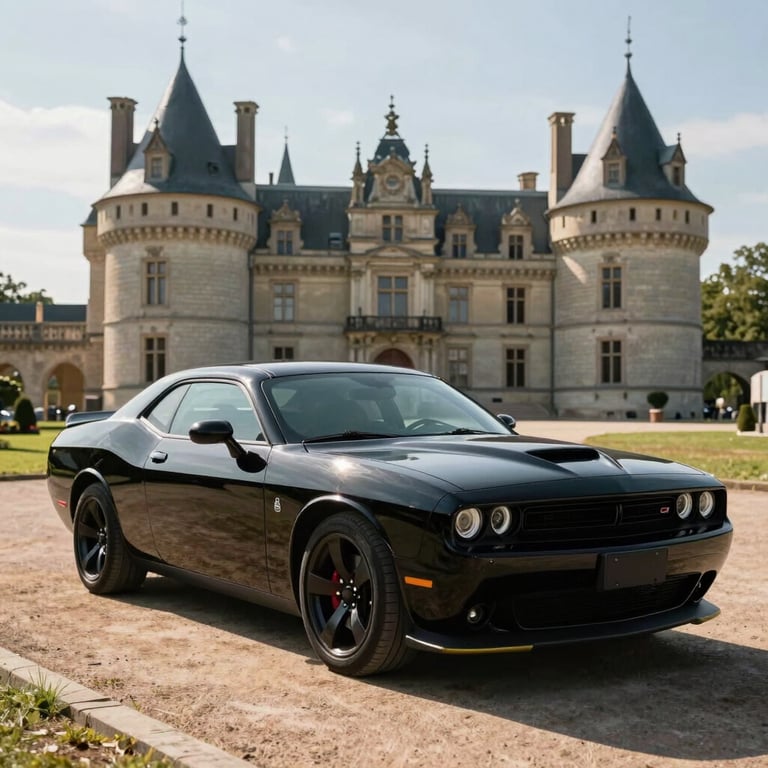 Wide shot of a Dodge Challenger parked near the Château des ducs de Wurtemberg in Montbéliard. Sunlight reflecting off the polished black paint.