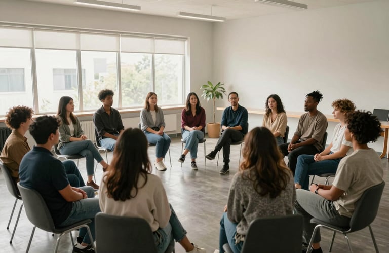 A group of diverse people sitting in a circle in a bright, modern North American community hall, engaged in a supportive group discussion. The room has large windows with soft light filtering in, emphasizing a sense of belonging and community.