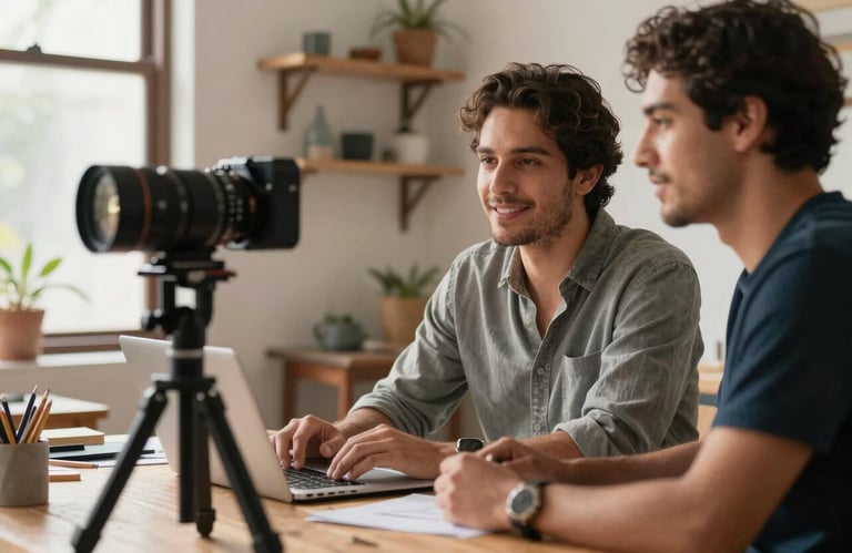 A professional social media manager recording a high-quality video of an entrepreneur working in their workshop in Mexico, natural sunlight, elegant and supportive vibe.