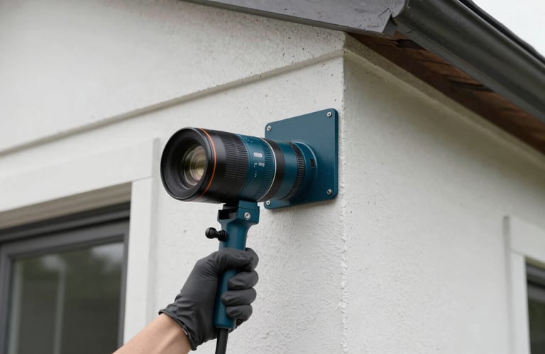 A professional applying a precise, clean barrier treatment to the exterior foundation of a North American / US residence. The lighting is sharp and clear, emphasizing the Dark Deep Teal of the equipment against Crisp Arctic White concrete.