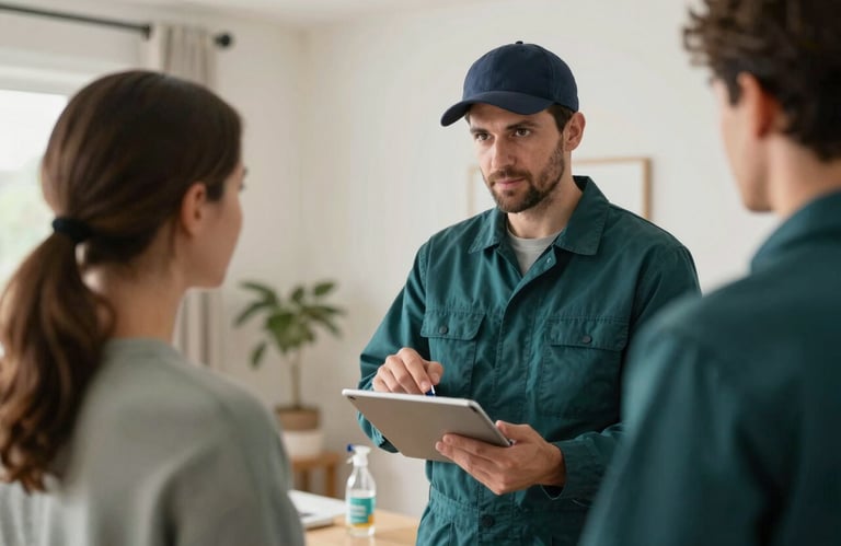 A pest control expert in a North American / US home explaining a discreet treatment plan to a homeowner using a tablet. The scene is professional and reassuring, featuring Soft Mist Aqua and Dark Deep Teal tones.