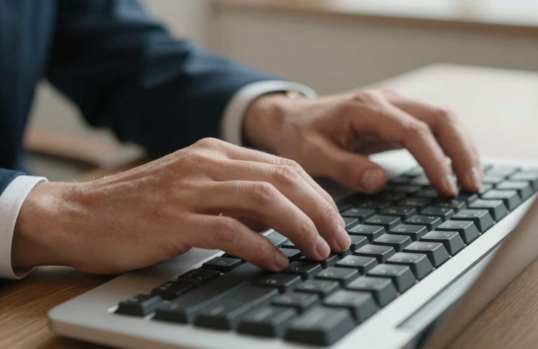 Close-up of hands typing on a modern mechanical keyboard, focus on the fingers, professional European attire, soft natural lighting.