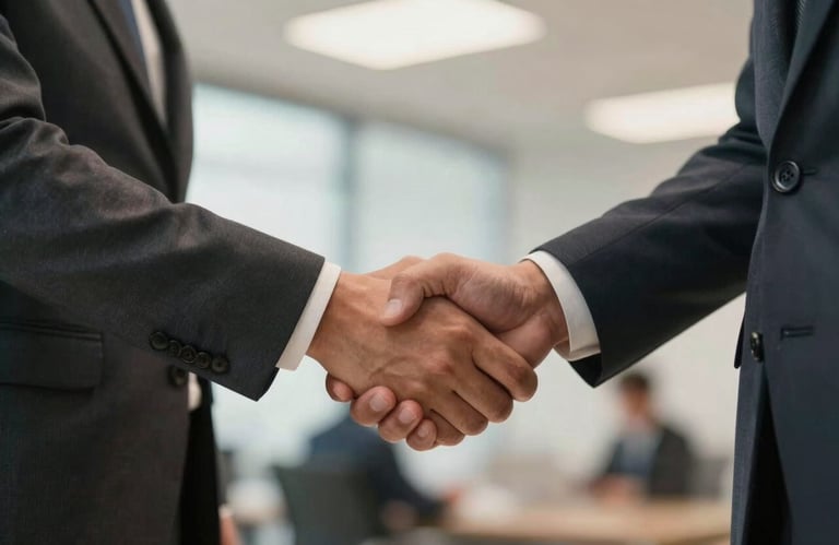 Close-up of two professionals shaking hands in an International / Global office, wearing tailored suits, warm professional lighting.