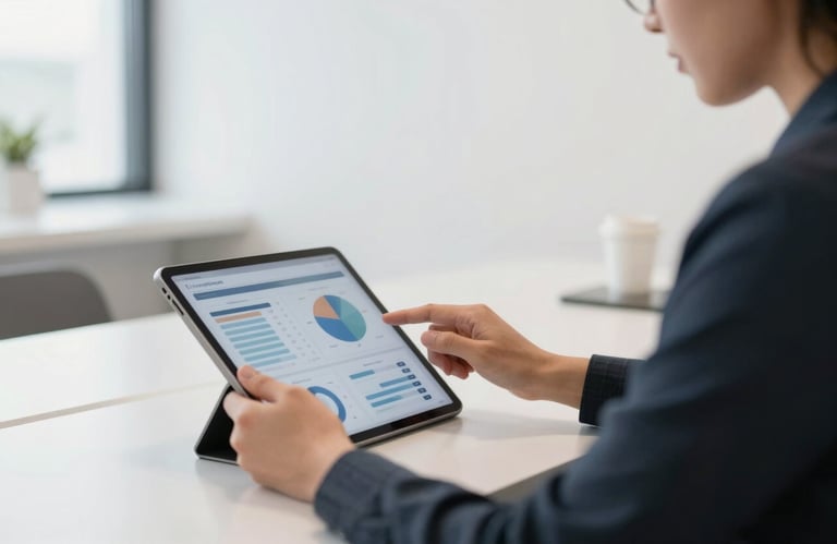A focused marketing professional reviewing analytics on a tablet in a bright North American / US co-working space, featuring a clean white and deep charcoal palette.