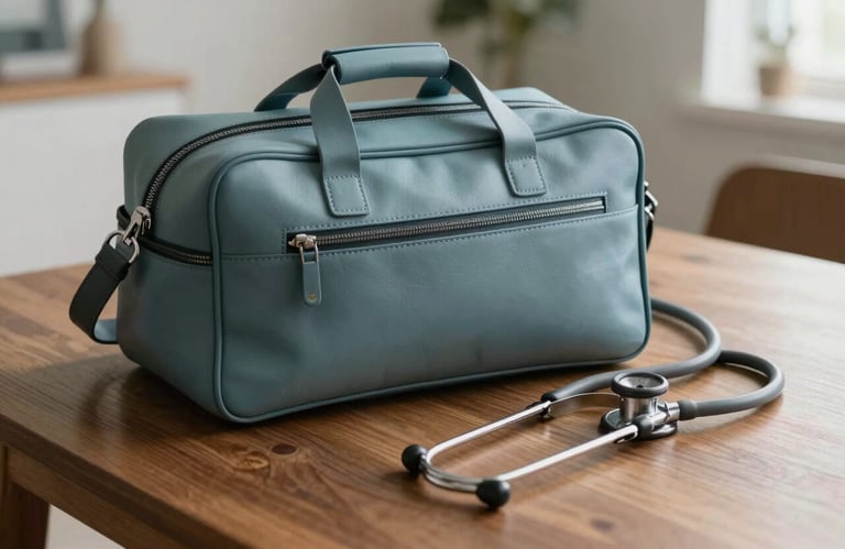 A professional leather medical bag and a modern stethoscope resting on a polished wooden table in a North American / US home, soft natural light creating a mood of trust and mobile healthcare readiness. Muted teal and light gray tones.