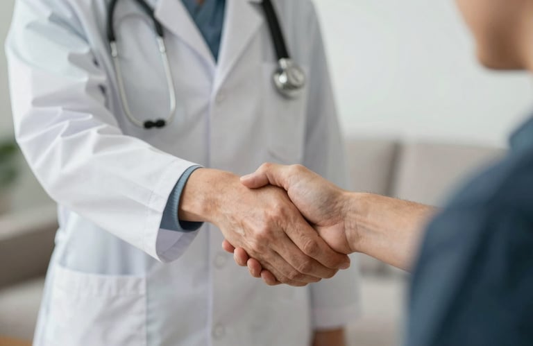A close-up photograph of a healthcare provider and a patient shaking hands in a North American / US home setting, focusing on the human connection and trust. Bright, clean lighting with professional composition.