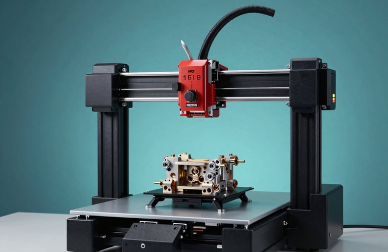 A professional shot of a high-precision 3D printer producing a complex mechanical part in a European / French studio, sleek slate teal lighting.