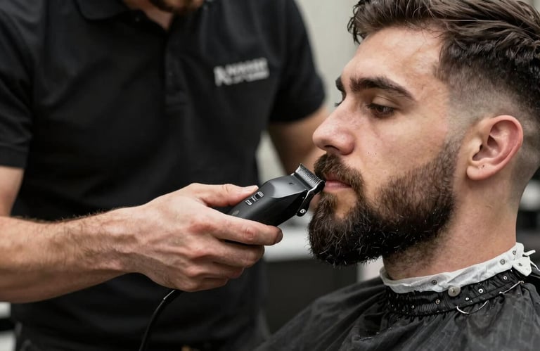 A stylish barber in a clean uniform using professional clippers to shape a perfect beard. Sharp focus on the detail of the work. European / Romanian masculine aesthetic with charcoal black tones.