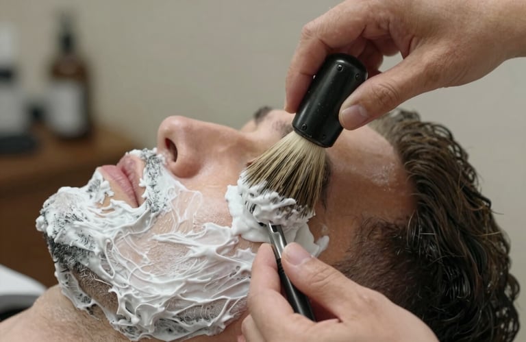 A macro shot of a barber's hands applying professional shaving cream with a badger hair brush on a client's face. Focus on the rich texture and the traditional ritual. European / Romanian setting, soft silver lighting.