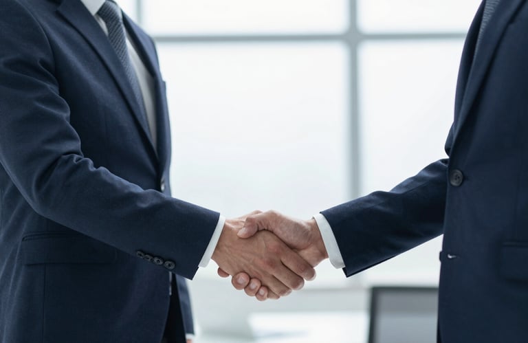 A professional handshake between two business partners in a bright, modern corporate office environment.