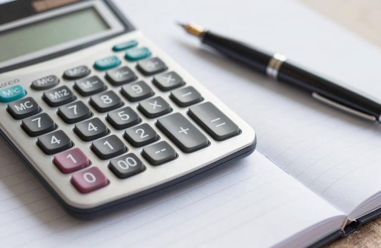 Close-up of a modern financial calculator and a fountain pen on a clean, organized ledger, soft natural lighting.