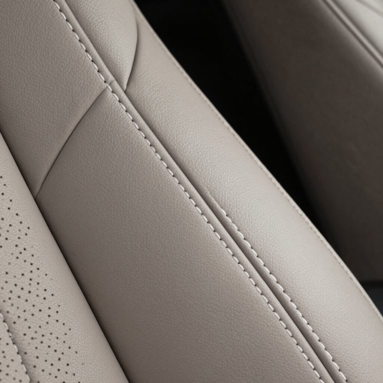 Macro shot of a high-end car&amp;amp;amp;#x27;s leather upholstery with intricate white stitching, symbolizing luxury quality and attention to detail in a North American &amp;amp;amp;#x2F; US context.