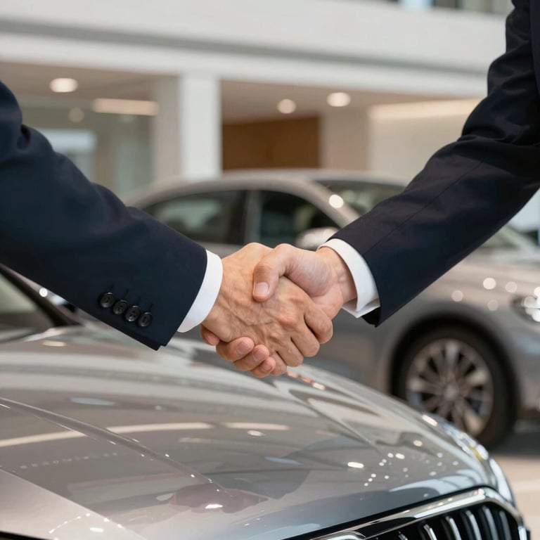 A firm handshake between two professionals over a shiny car hood in a high-end North American &amp;amp;amp;#x2F; US dealership. Luxury feel, bright lighting.