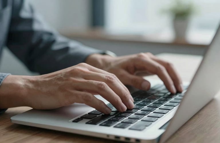 Focused hands typing on a sleek keyboard in a modern office setting with Soft Blue Grey accents in the background.