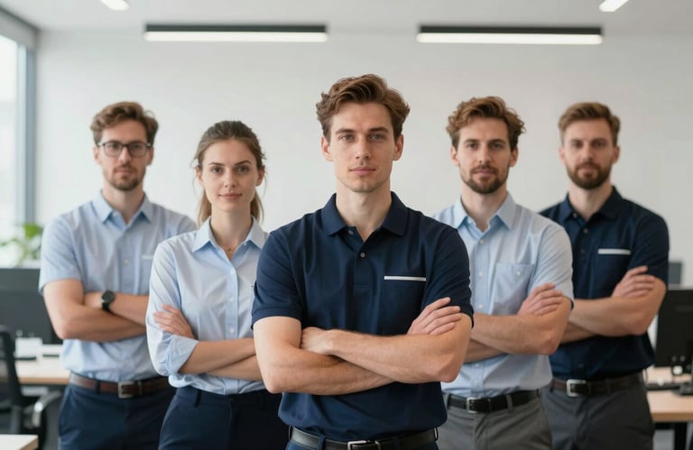 A group of professional logistics staff members standing together in a bright, modern office with deep navy and mist white accents, looking confident and reliable.