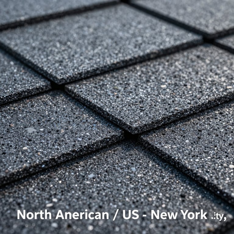 Macro photography of high-grade asphalt shingles featuring protective layers. The texture is rough and durable, shown under cool, professional studio lighting, North American / US - New York City.
