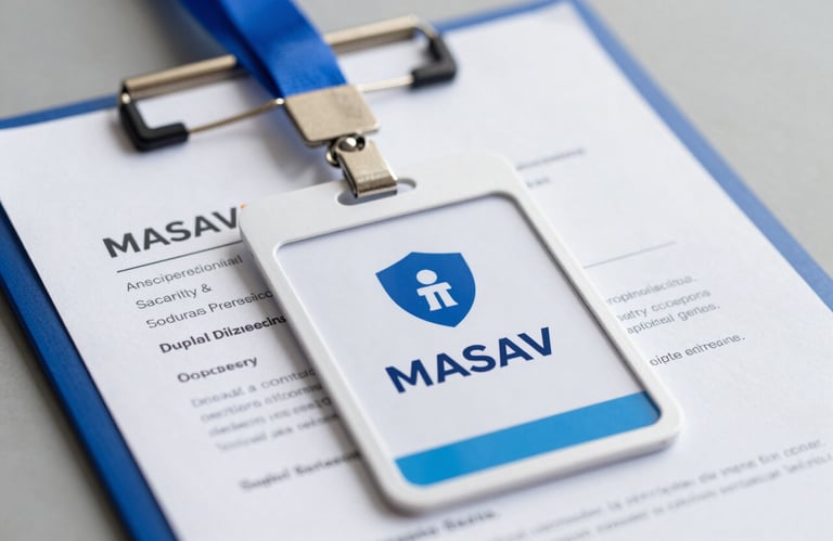 A close-up of a digital security badge and a logistics clipboard, representing MASAV's commitment to safety and licensed operations. Soft blue #8DAEC2 accents.