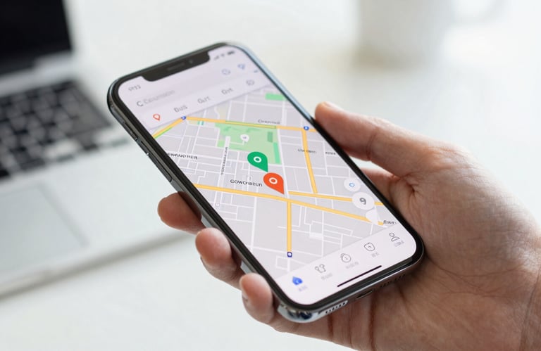 A close-up of a hand holding a smartphone displaying a map with tracking pins. High-tech interface, bright and professional lighting.
