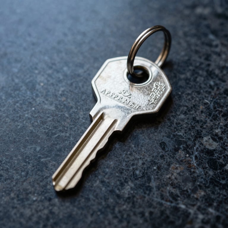 Macro photography of a sleek silver apartment key resting on a dark navy marble surface, soft natural lighting highlighting the metallic texture and professional atmosphere.
